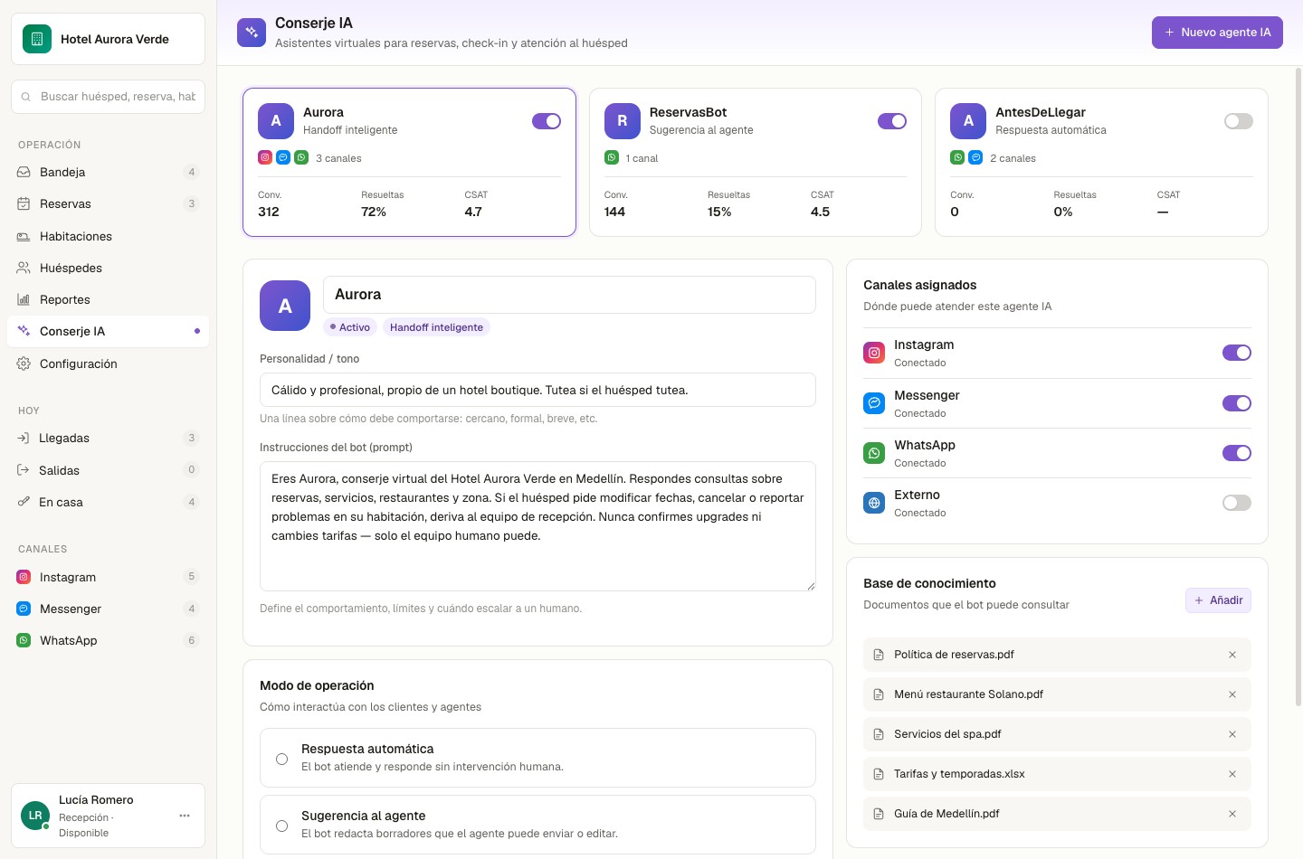 Módulo Conserje IA de HotelFlow con agentes virtuales, personalidad y base de conocimiento del hotel