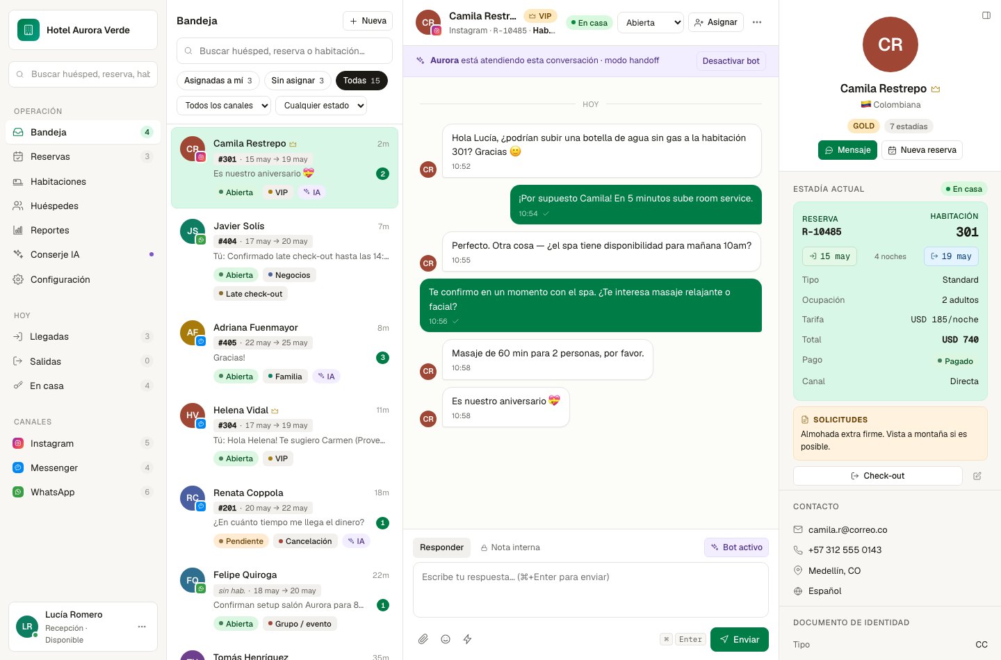 Vista de la bandeja unificada de HotelFlow con conversaciones de Instagram, WhatsApp y Messenger y el contexto del huésped al lado
